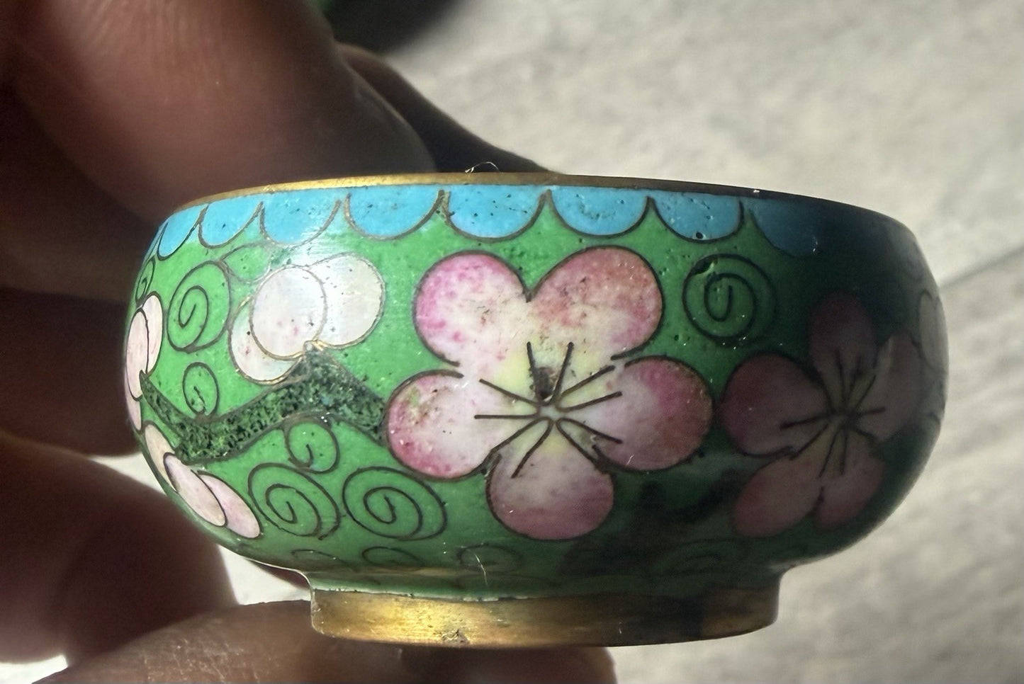 Vintage Cloisonne Salt Pepper Shakers Floral Enamel Green Pink Set