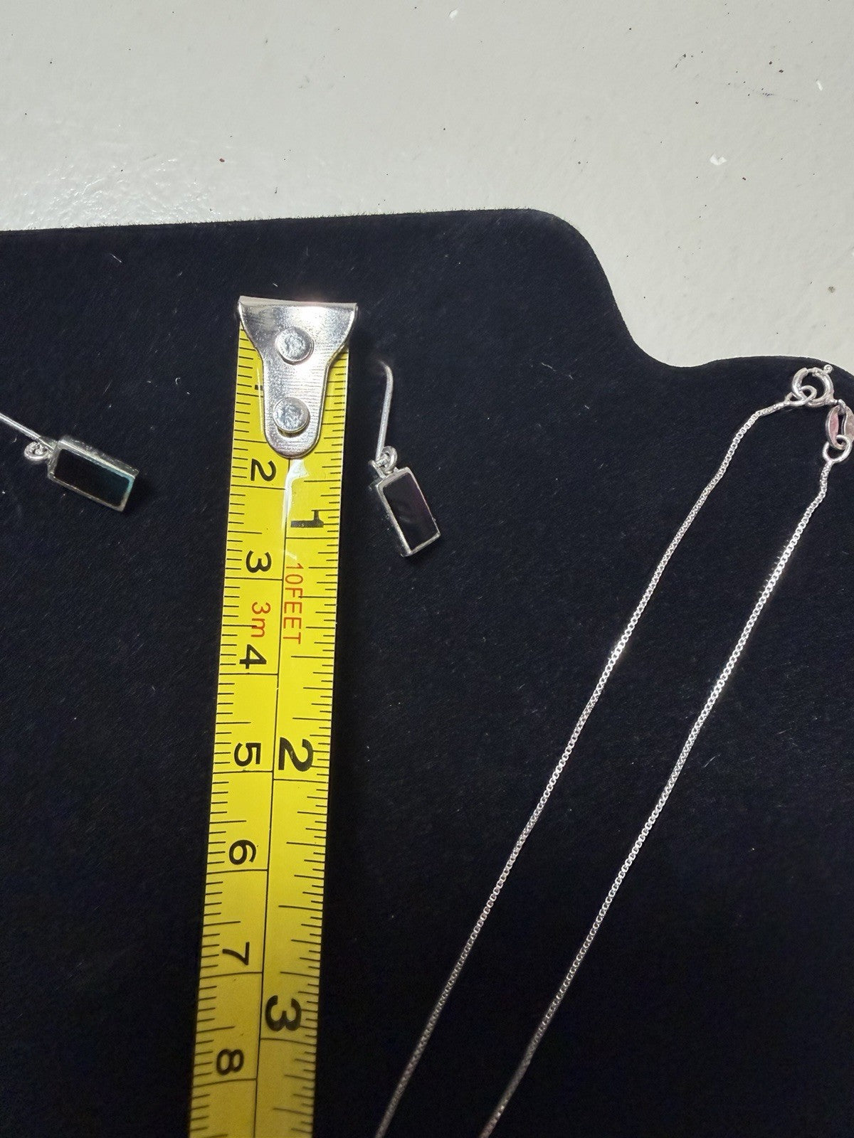 Sterling Silver 925 Black Onyx Rectangle Pendant Necklace Dangle Earrings Set