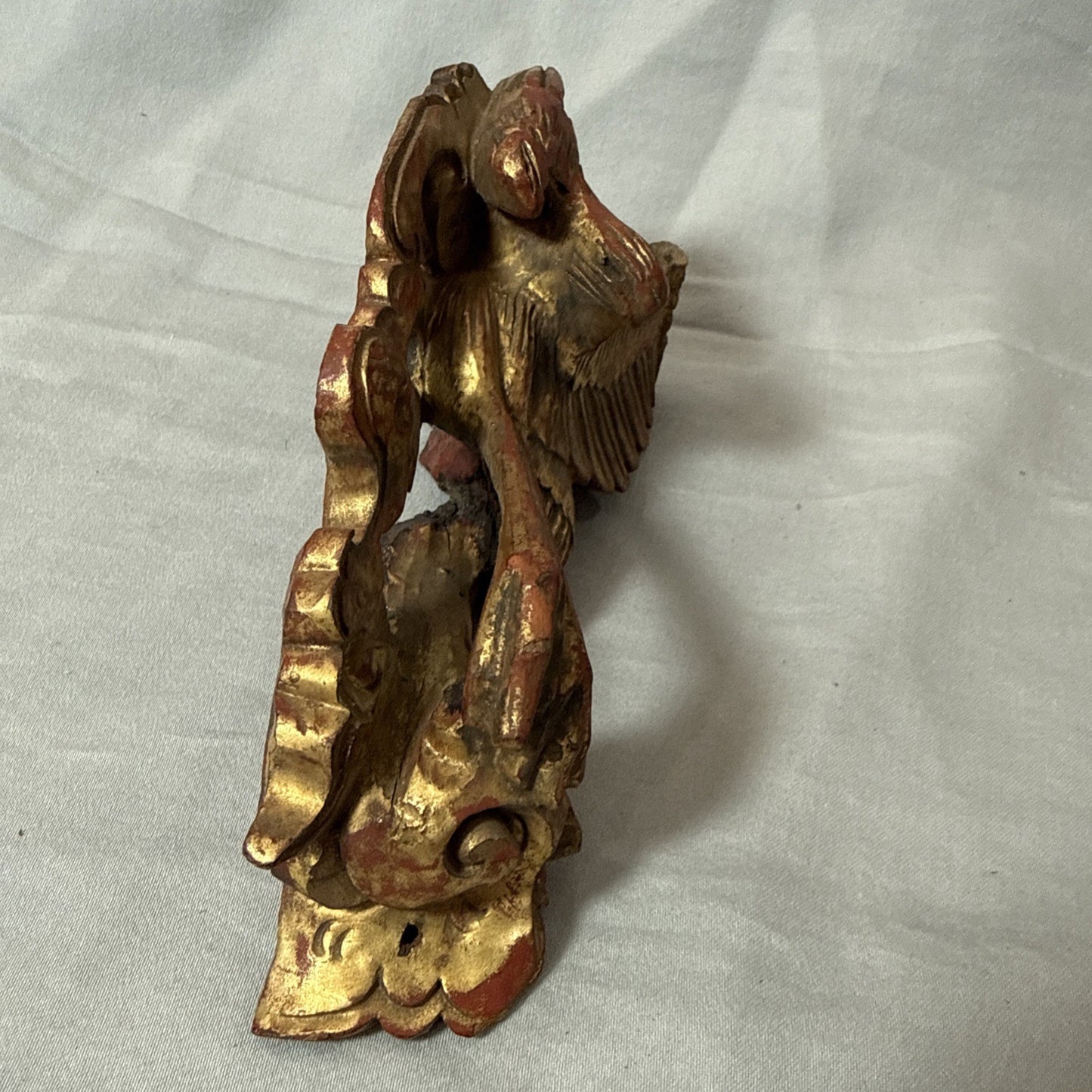 Antique Chinese Qing Dynasty Wood Temple  Red & Gilt Panel Dragon Fragment 7”x3”