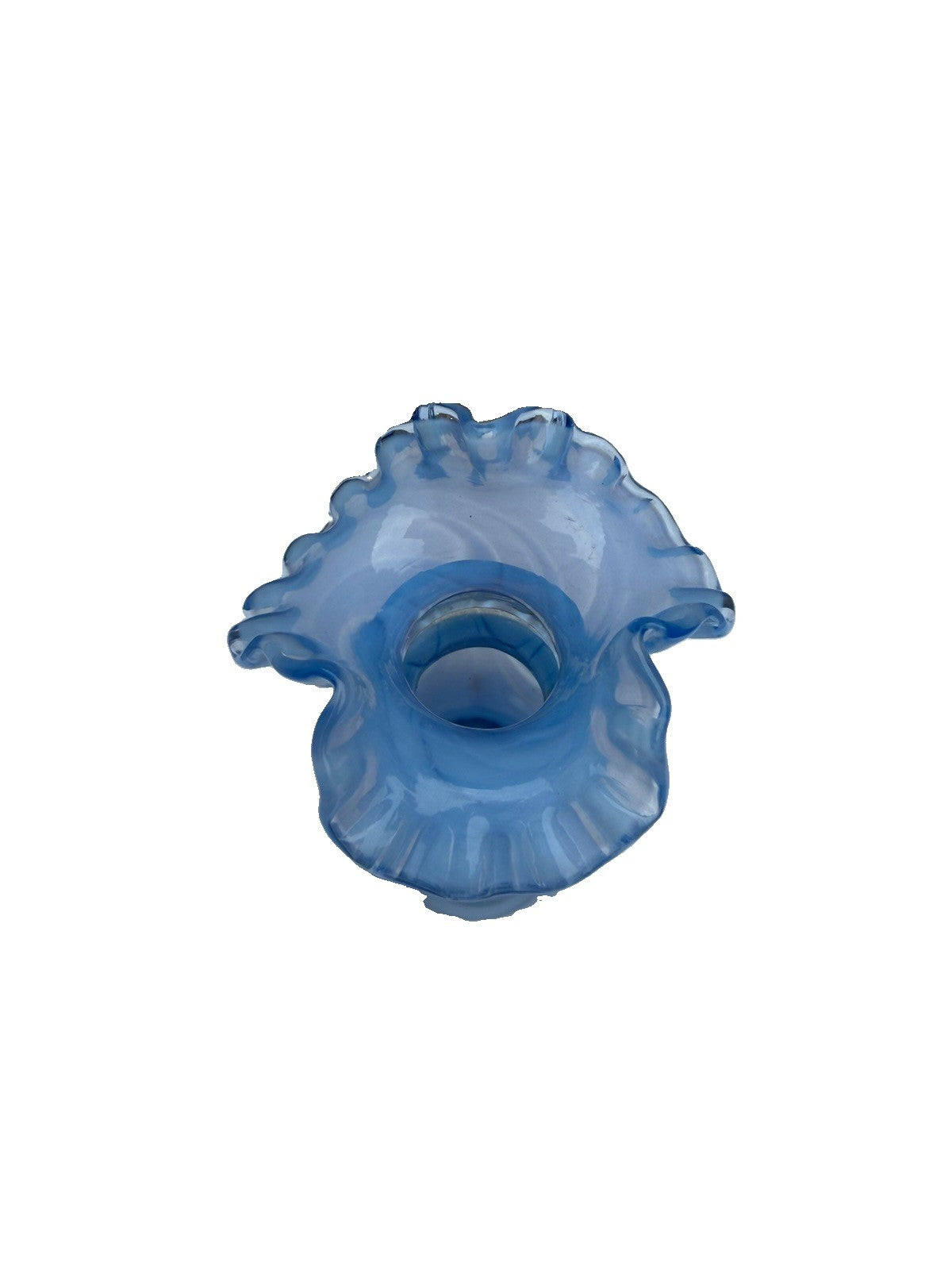 Vintage Fenton Blue Opalescent Drapery Vase Ruffled Tri-Fold Crimped Edge 6"