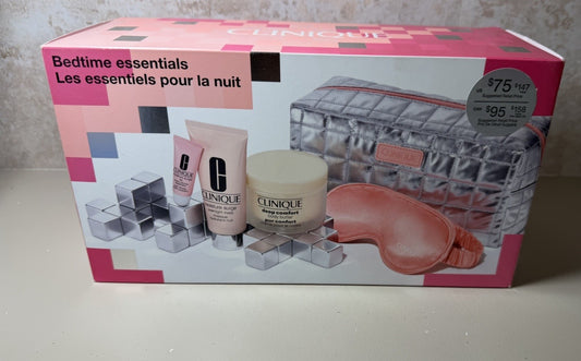 Clinique Quilted Cosmetic Bag Sleep Mask Box Silver Metal Travel Pouch Set NIB