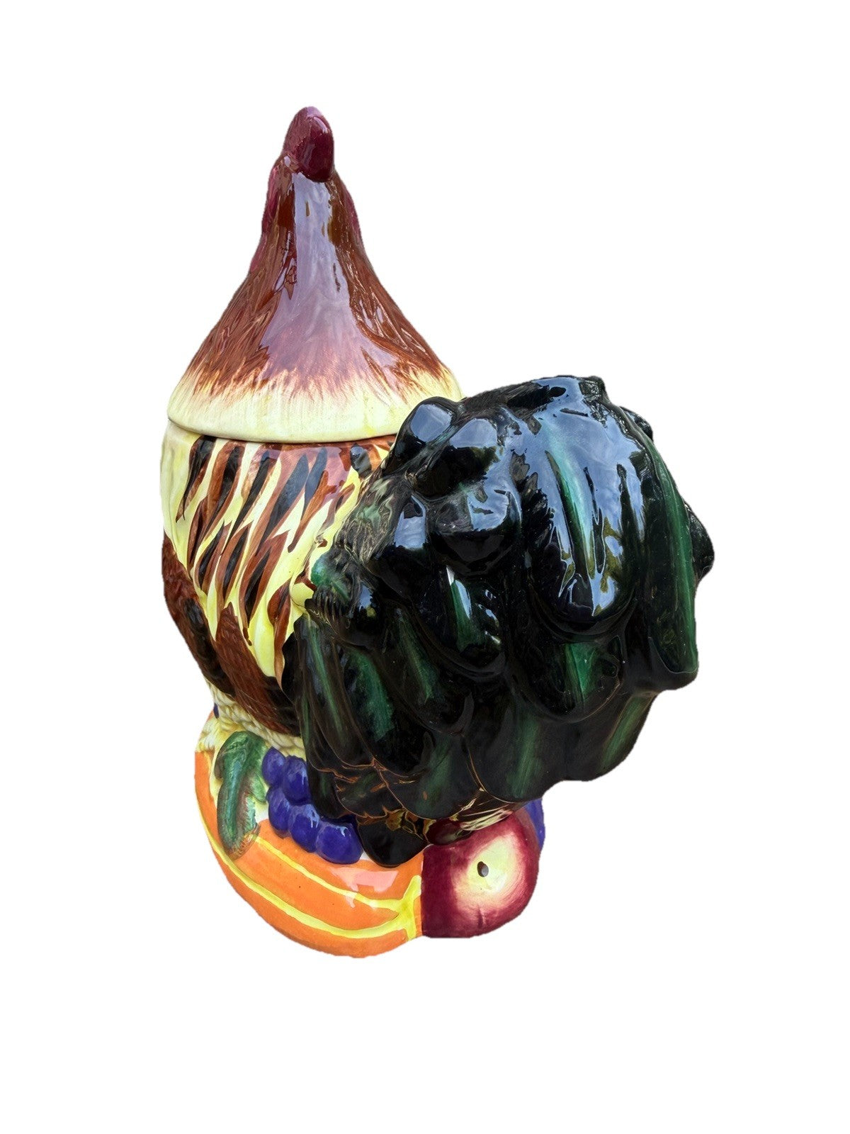 Vintage Rooster Hen Ceramic Cookie Jar Canister Fruit Relief Lid