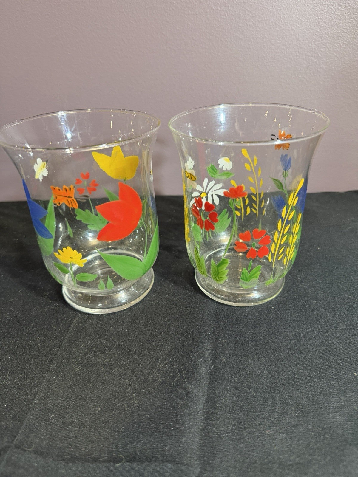 Hand Blown Glass Hurricane Votive Set Floral Candle Holders Set of 2