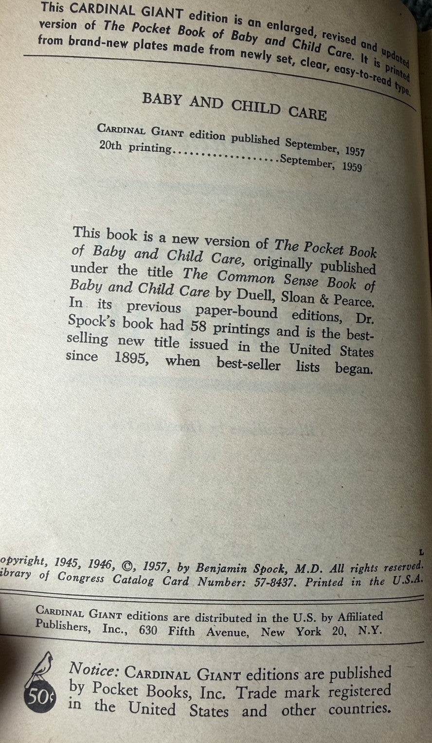Baby and Child Care Dr Benjamin Spock 1959 Vintage Paperback