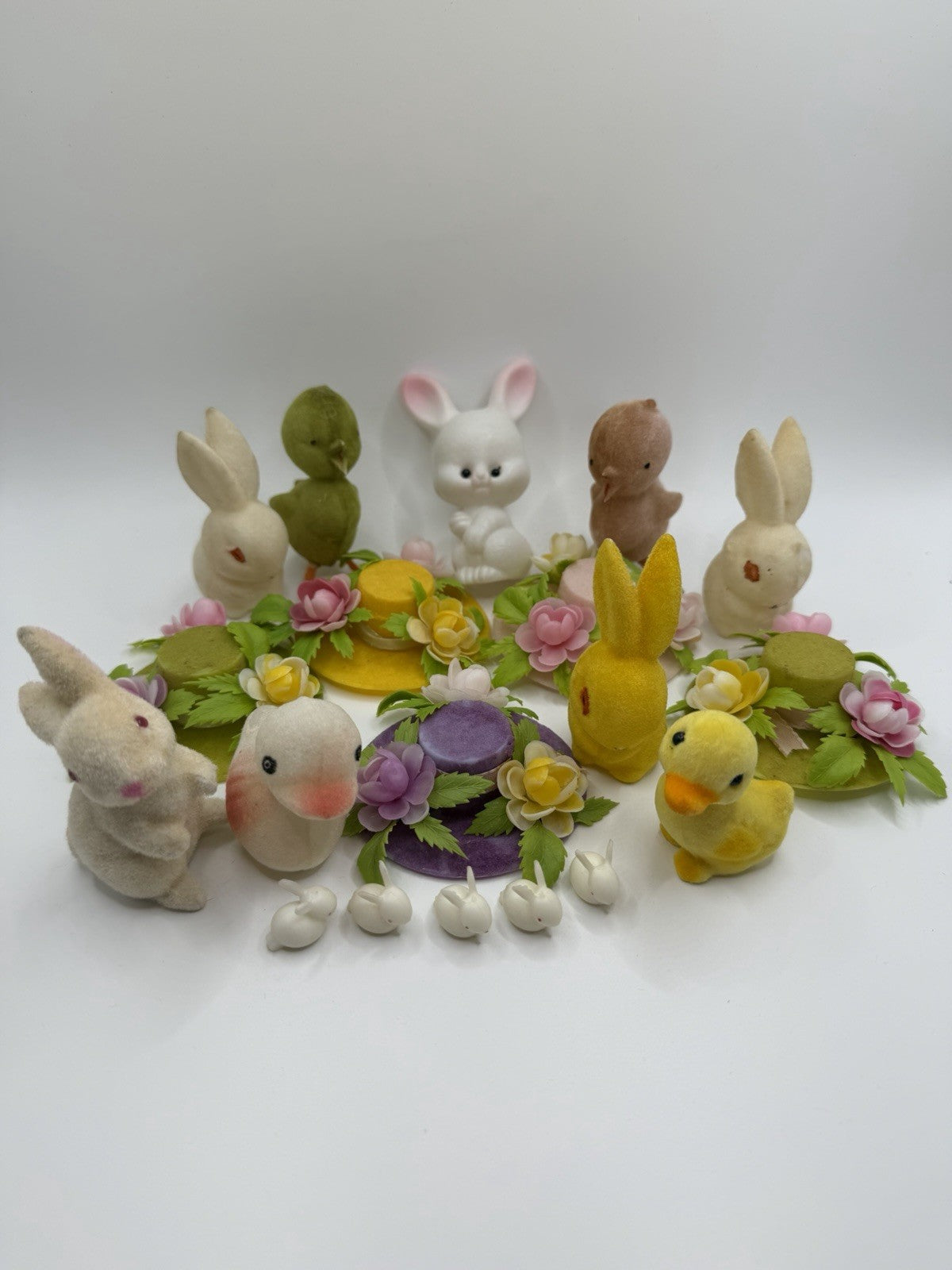 Vintage Flocked Easter Bunny Chick Mini Hat Figurines Diorama Plastic Mouse Lot