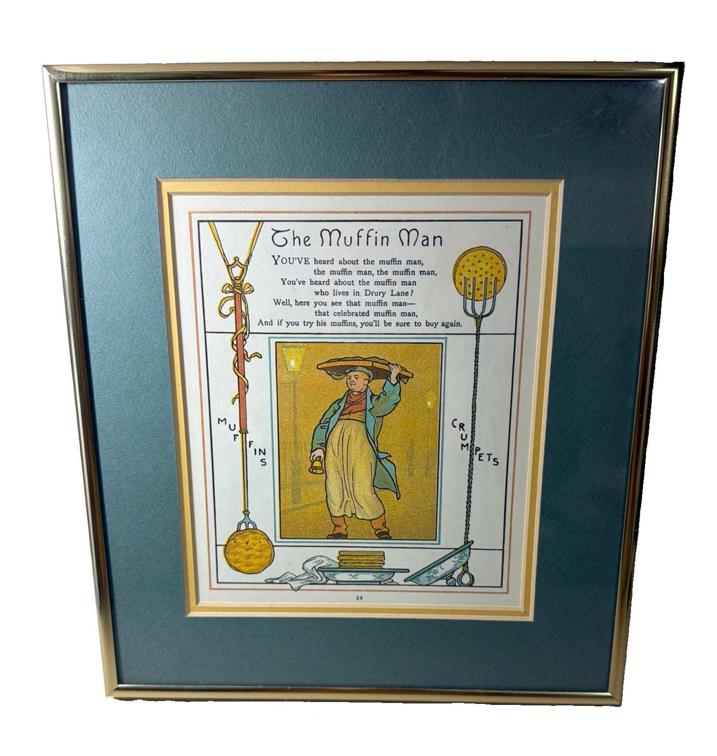 Vintage The Muffin Man Nursery Rhyme Framed Book Page Illustration Wall Art