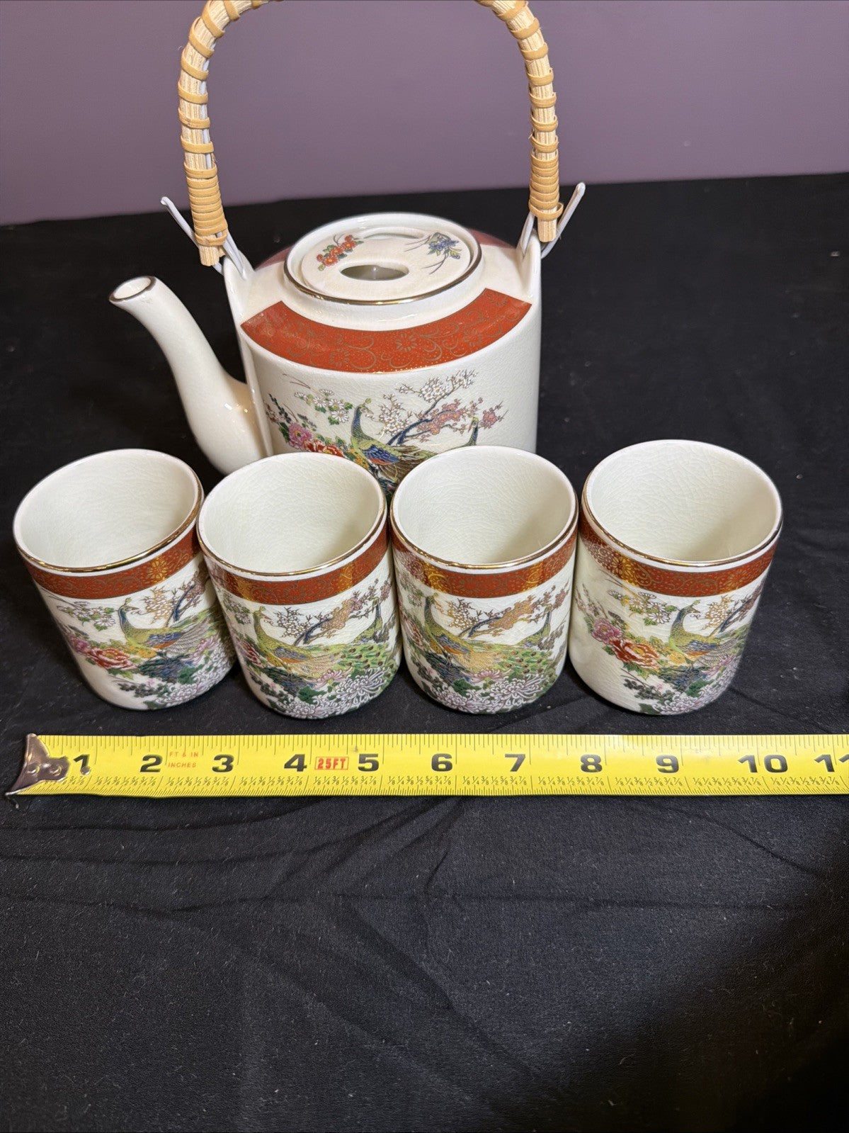 1979 Satsuma Japan Peacock Tea Set Gold Trim Rattan Handle Vintage