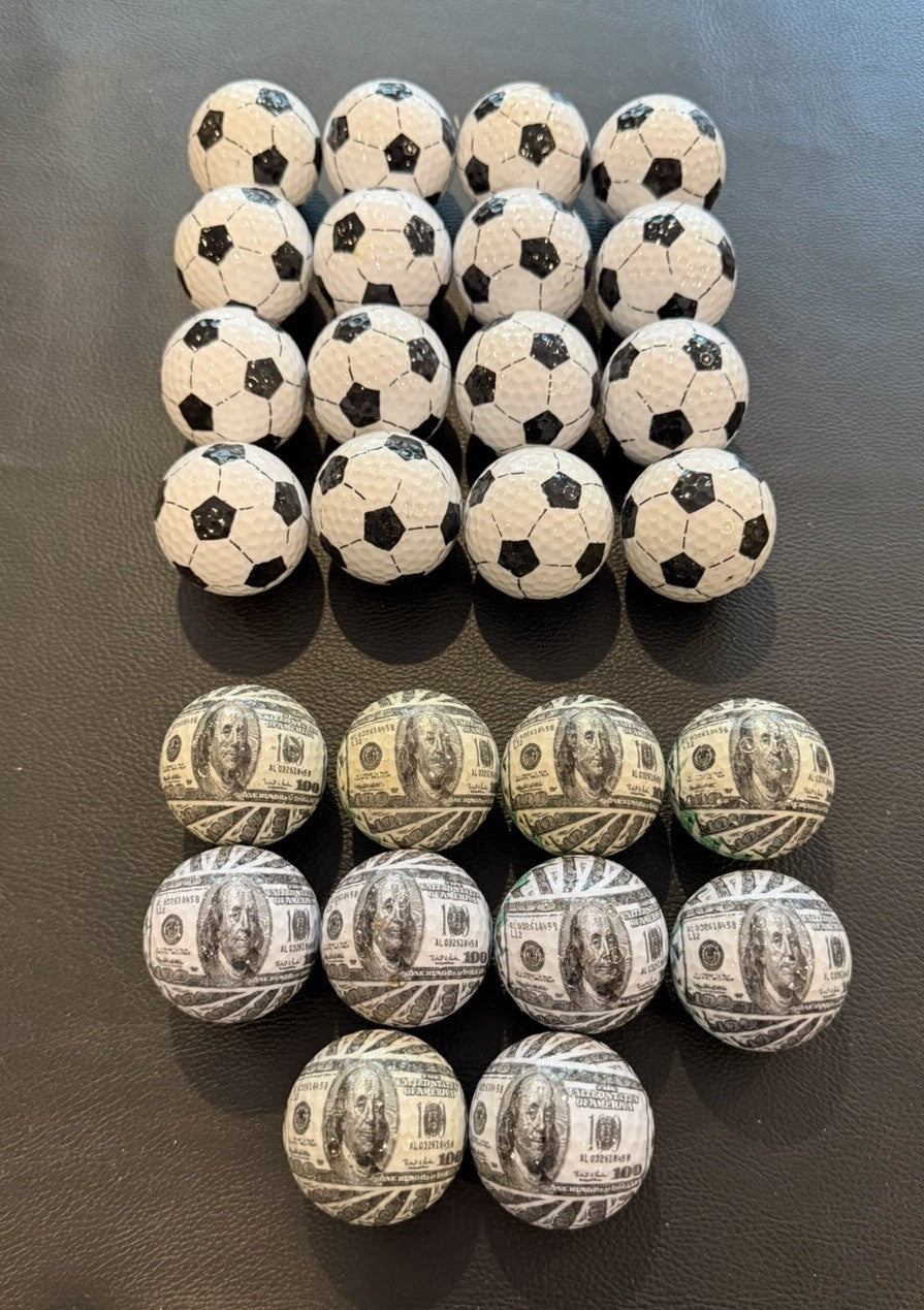 Novelty Golf Balls Lot 26 Soccer 100 Dollar Bill Printed Designs Fun Gift Mix