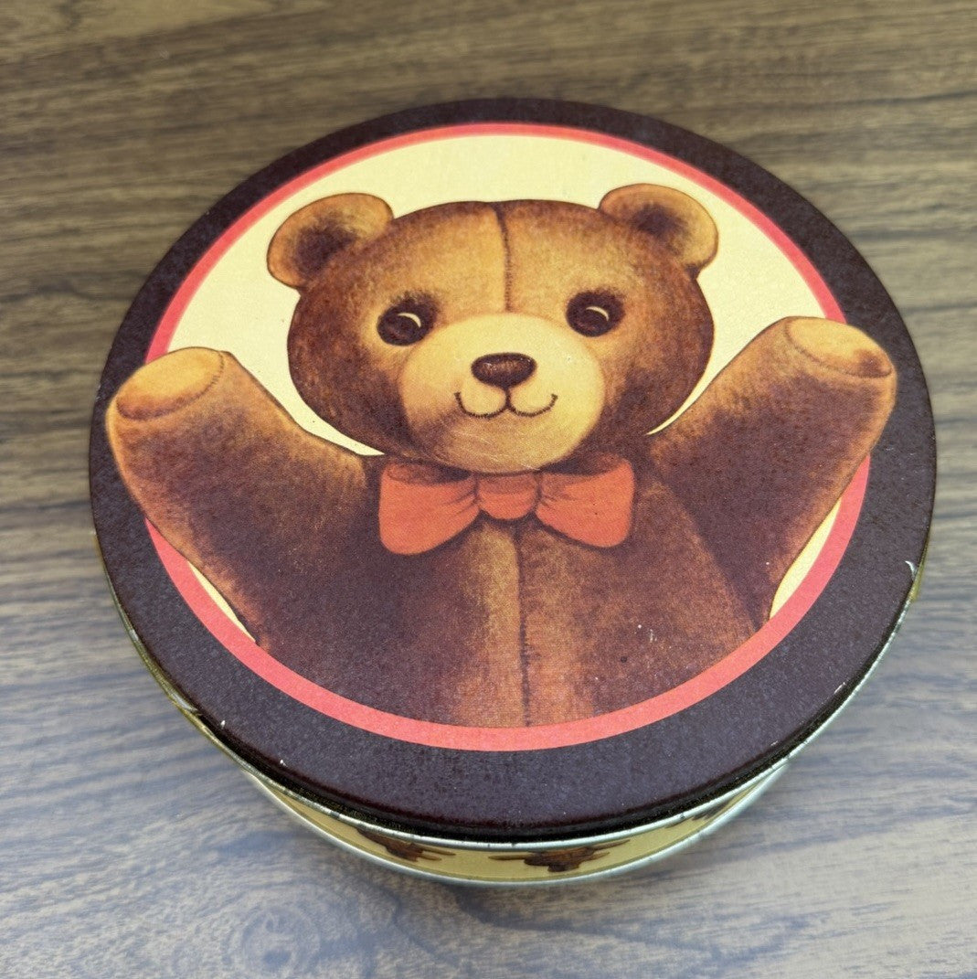 Vintage Teddy Bear Round Metal Tin Litho Cookie Biscuit Canister Dancing Bears