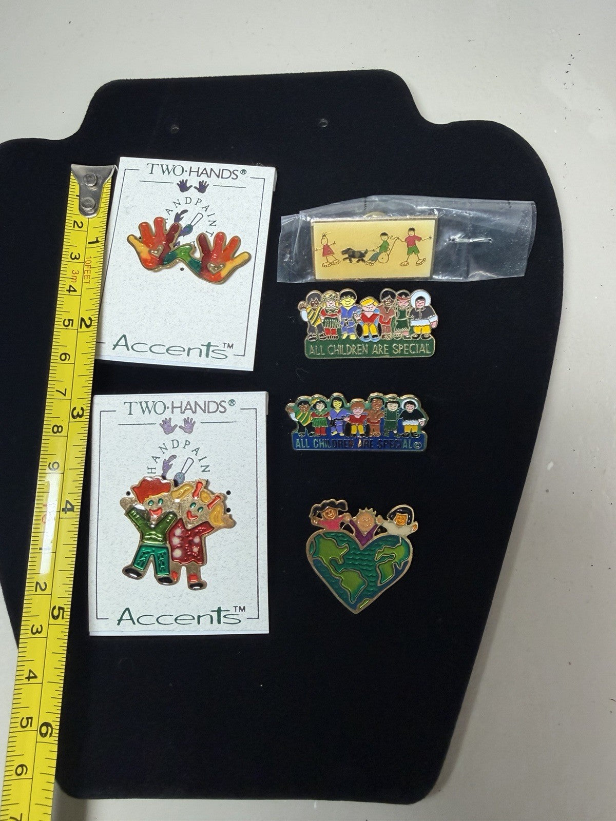 Vintage Enamel Lapel Pins Lot Two Hands Accents All Children Are Special Pin Set