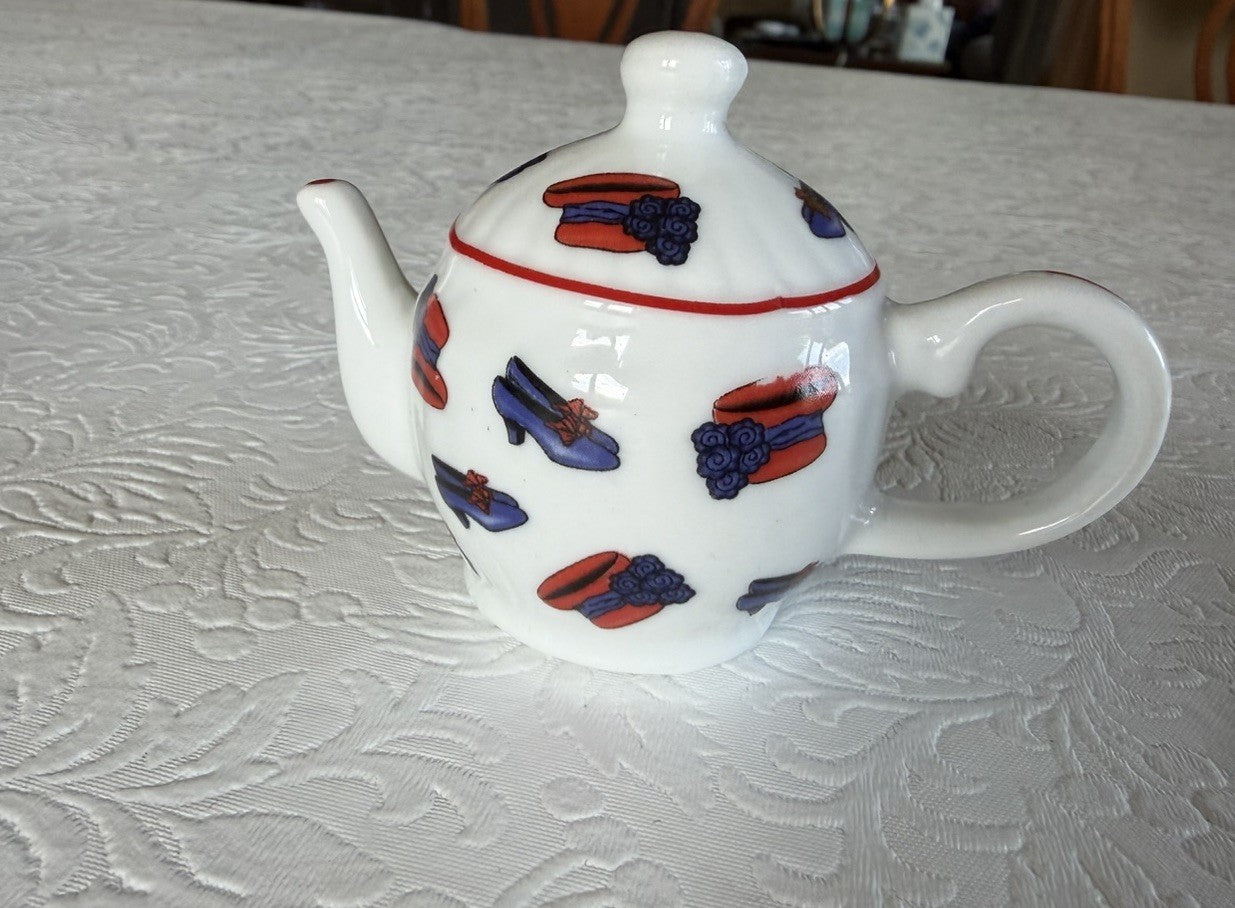 Red Hat Society Miniature Ceramic Teapot Ornament Red Purple Motif Collectible