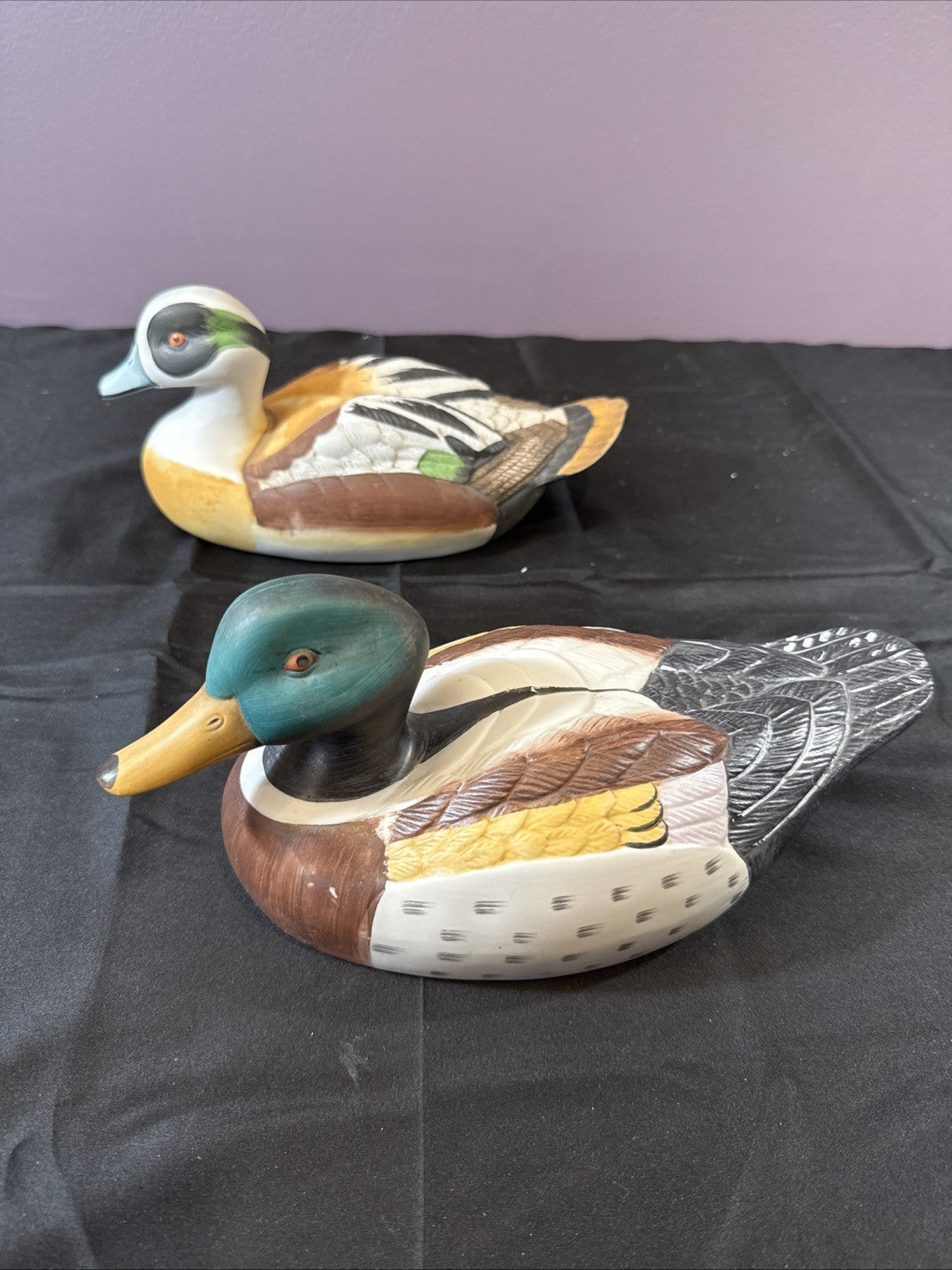Mid-Century Mallard Ducks Hand-Painted Porcelain Figurines; Taiwan; Set of 2