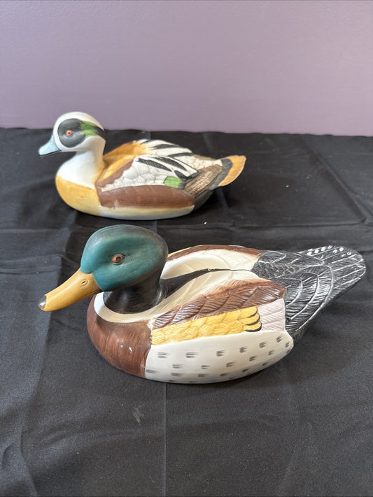 Mid-Century Mallard Ducks Hand-Painted Porcelain Figurines; Taiwan; Set of 2