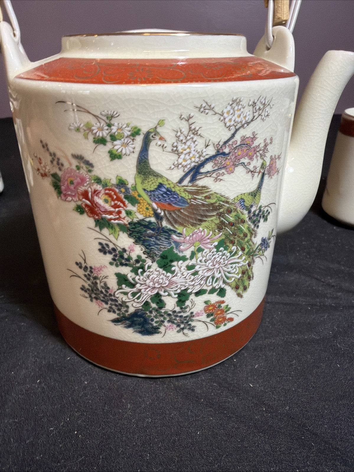 1979 Satsuma Japan Peacock Tea Set Gold Trim Rattan Handle Vintage