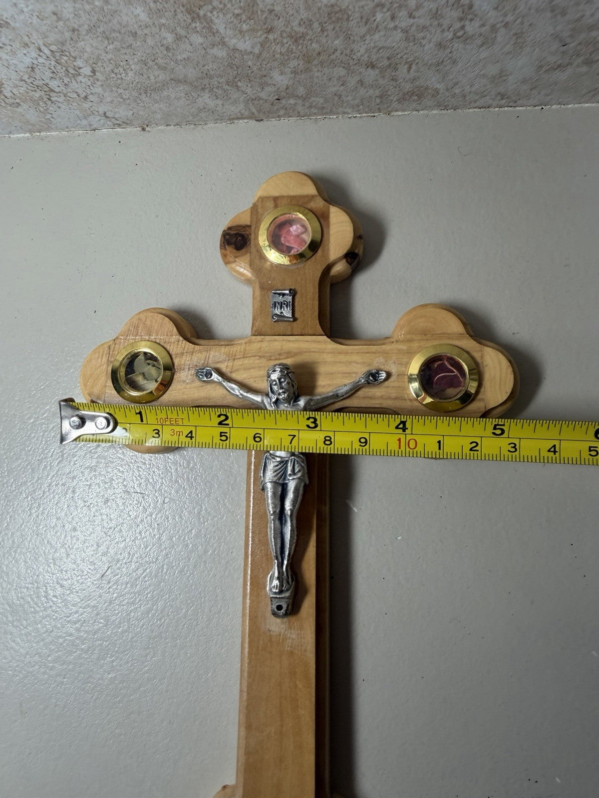 Vintage Olive Wood Crucifix Wall Cross Jerusalem Relic Stones Flowers Earth
