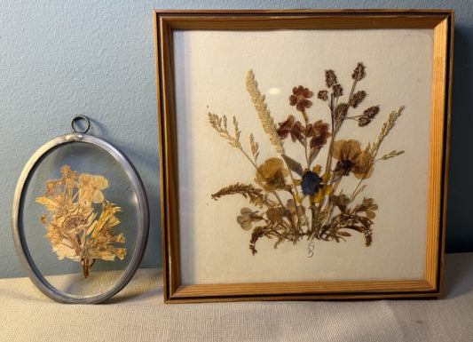 Vintage Pressed Flower Art Framed Botanical Double Glass Gold Tone Wall Decor