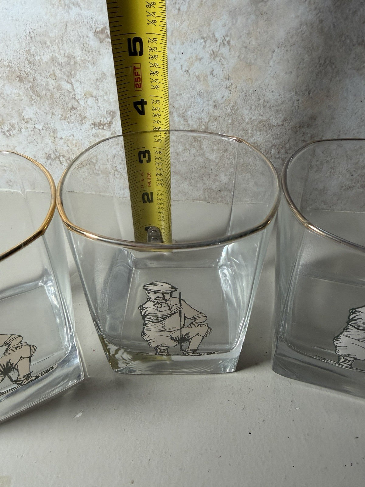 Vintage Golf Lowball Glasses Gold Rim Golfer Rock Whiskey Tumblers MCM Set of 4