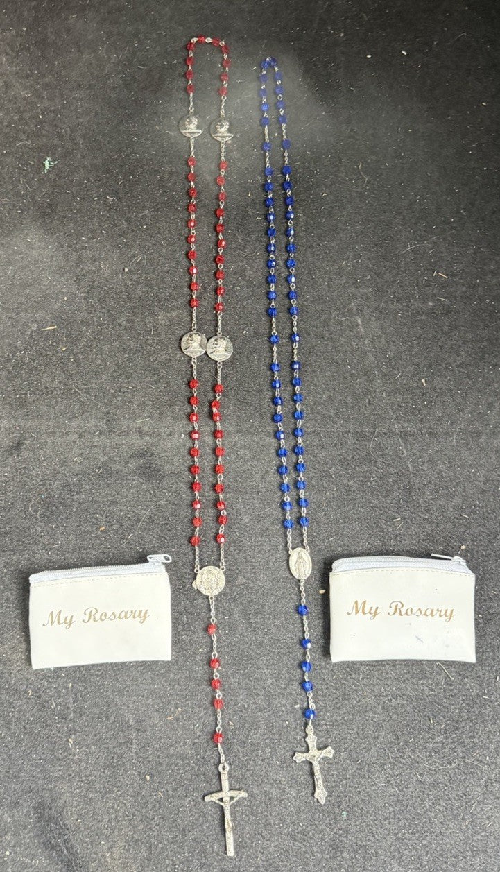 Catholic Rosary Beads Pair Red Blue Crystal Glass Silver Tone Cross Religious