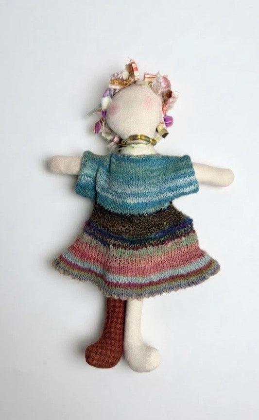 Make Do Dolly Cloth Art Doll 17" Handmade Knitted Dress Script Fabric Body