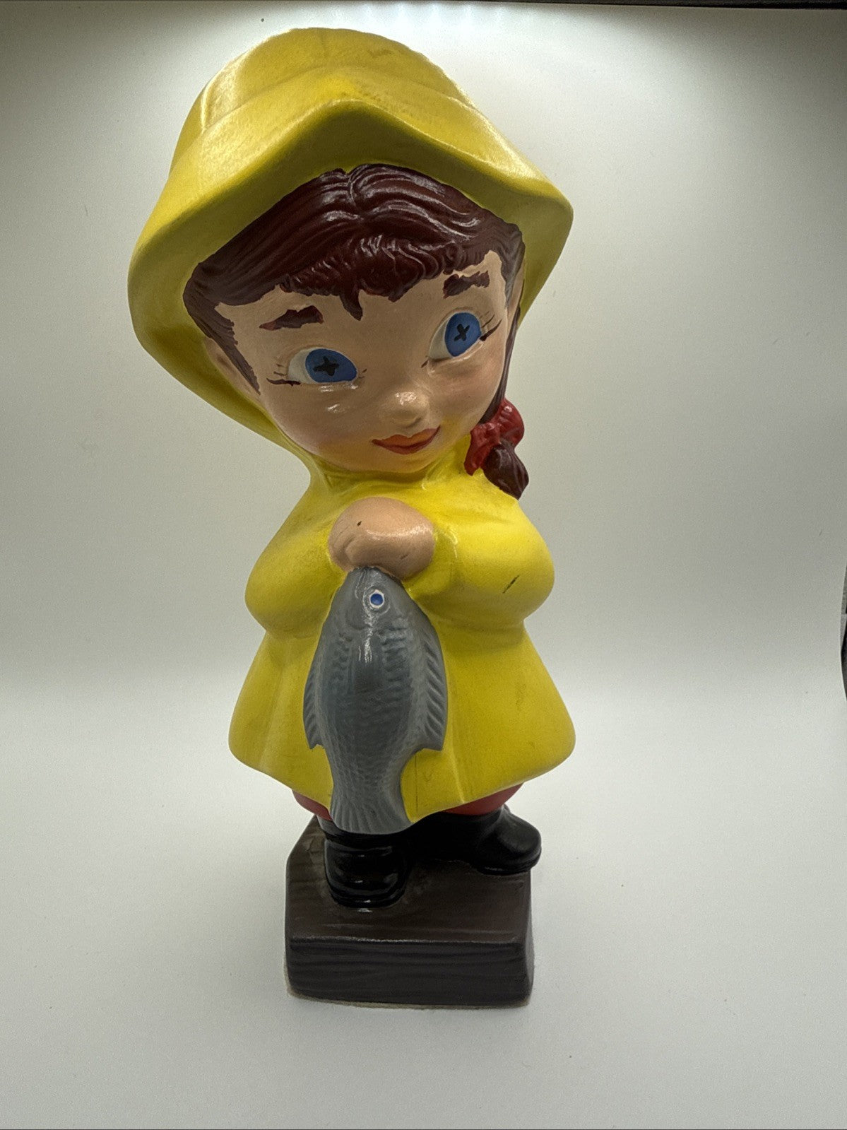 Vintage 1971 Ceramic Fishing Boy & Girl In Yellow Rain Coats So Cute!