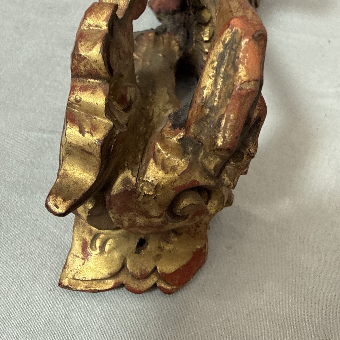 Antique Chinese Qing Dynasty Wood Temple  Red & Gilt Panel Dragon Fragment 7”x3”