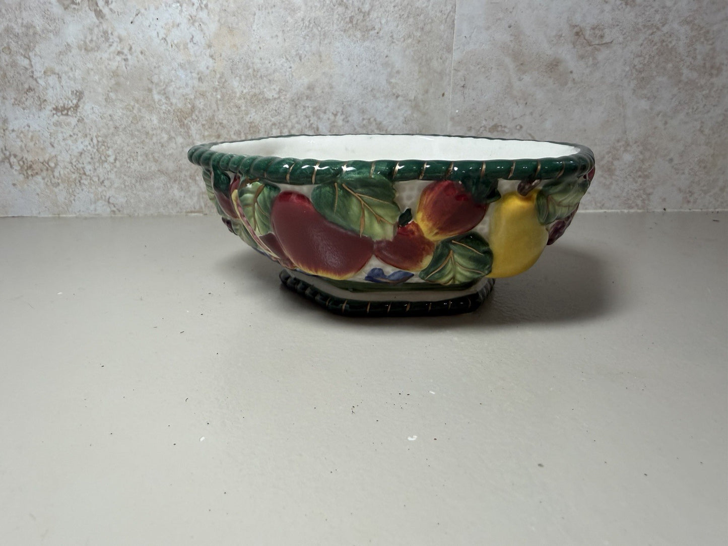 Vintage Fitz Floyd Ceramic Fruit Bowl Hand Painted Raised 3D Design Centerpiece