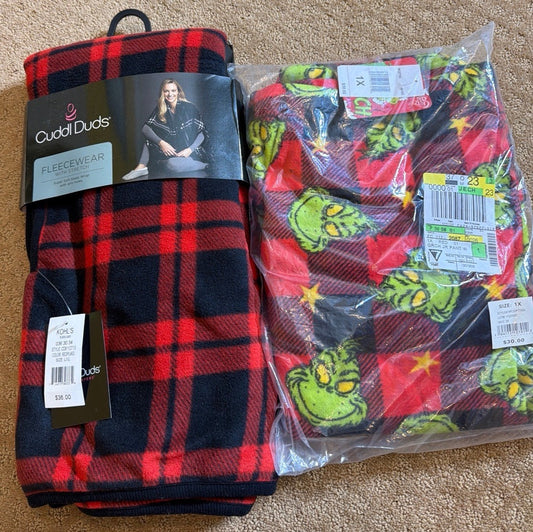 NWT Cuddl Duds Fleece Wrap L XL Dr Seuss Grinch Plush PJ Pants 1X Holiday Lot