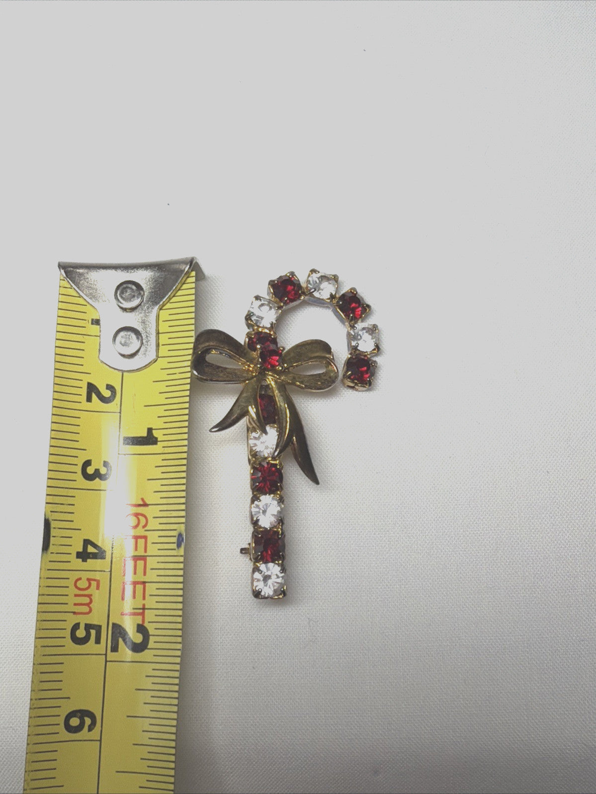 Vintage Eisenberg ICE Candy Cane Brooch Gold Tone Red White Rhinestone Pin 1.75"