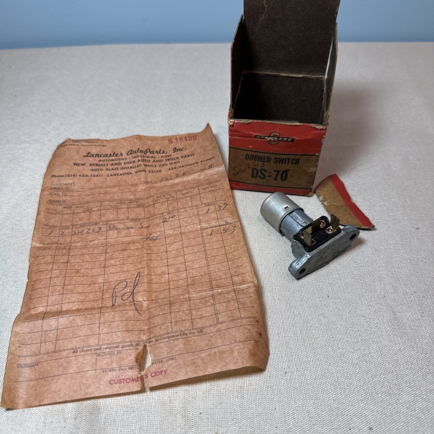 Vintage 1968 Standard DS-70 Headlight Dimmer Switch NOS Box Receipt Ford Mercury