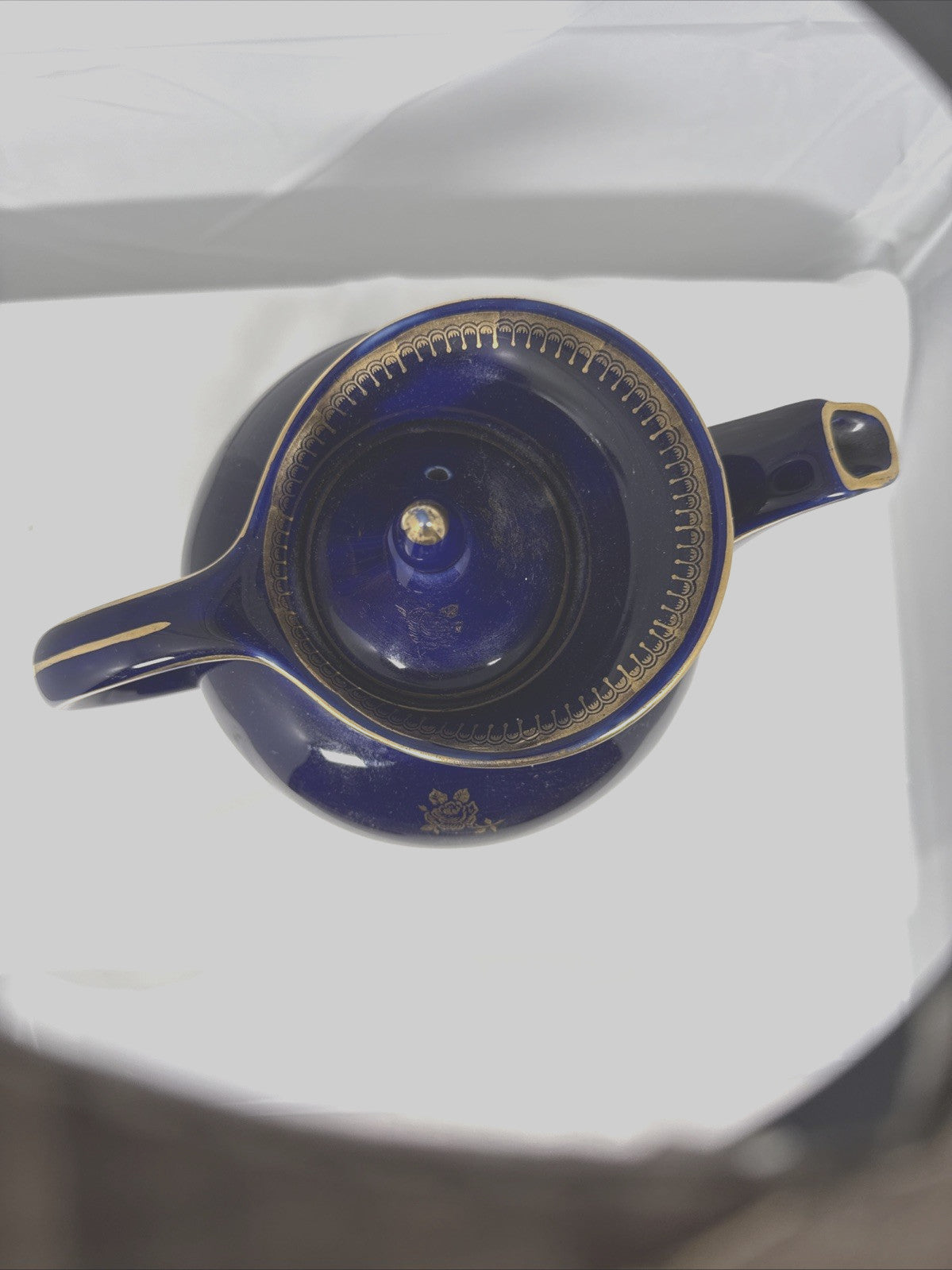 Vintage Hall Blue Ceramic Teapot Gold Trim Floral Mid Century Style