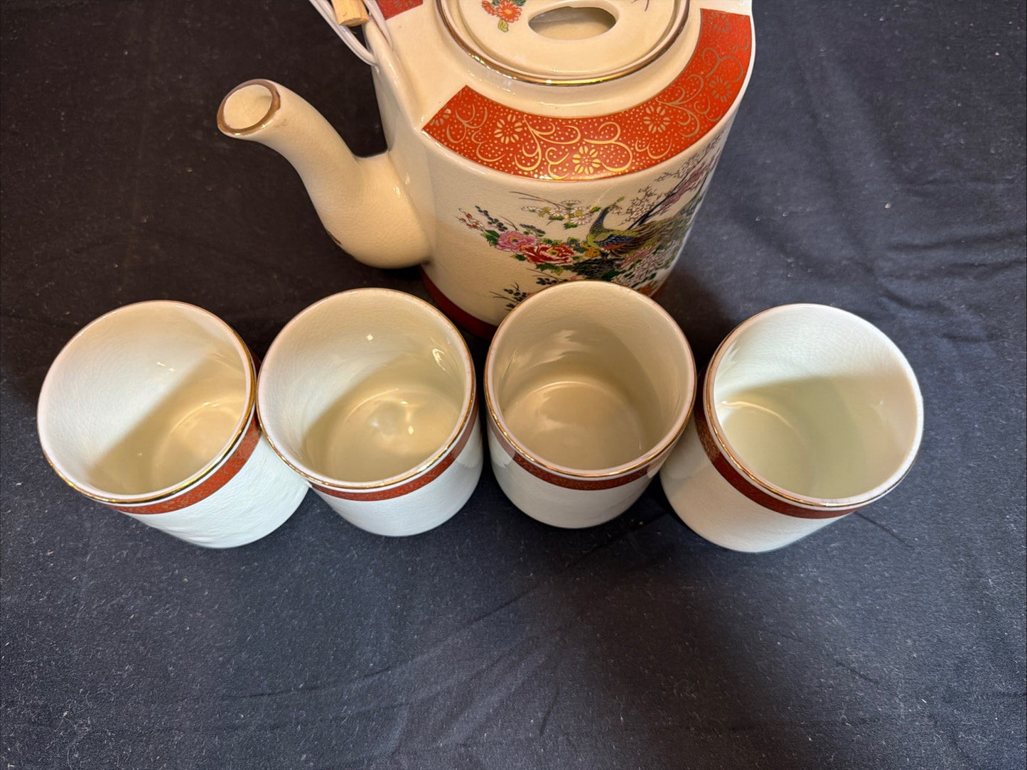 1979 Satsuma Japan Peacock Tea Set Gold Trim Rattan Handle Vintage