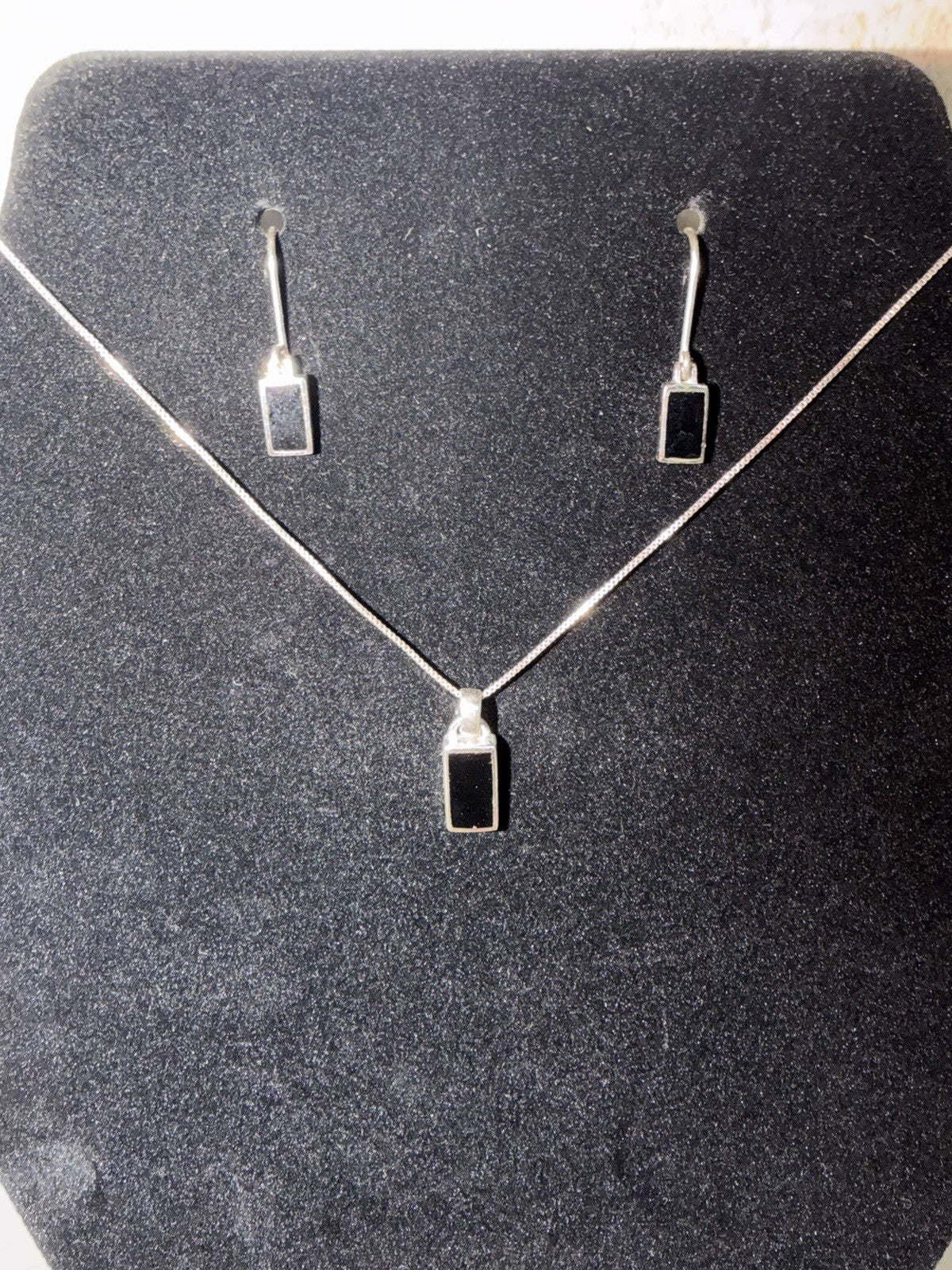 Sterling Silver 925 Black Onyx Rectangle Pendant Necklace Dangle Earrings Set