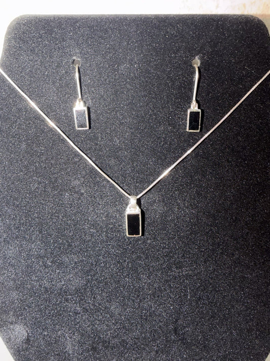 Sterling Silver 925 Black Onyx Rectangle Pendant Necklace Dangle Earrings Set