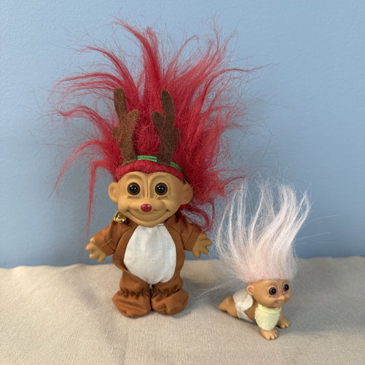 Vintage Russ Christmas Troll Doll and Baby Troll Lot of 2 Red Hair Holiday Pair