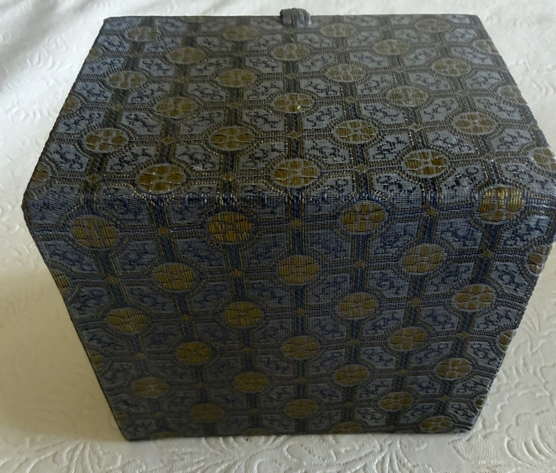 Vintage Blue Gold Brocade Fabric Storage Box Bone Latch Red Silk Interior