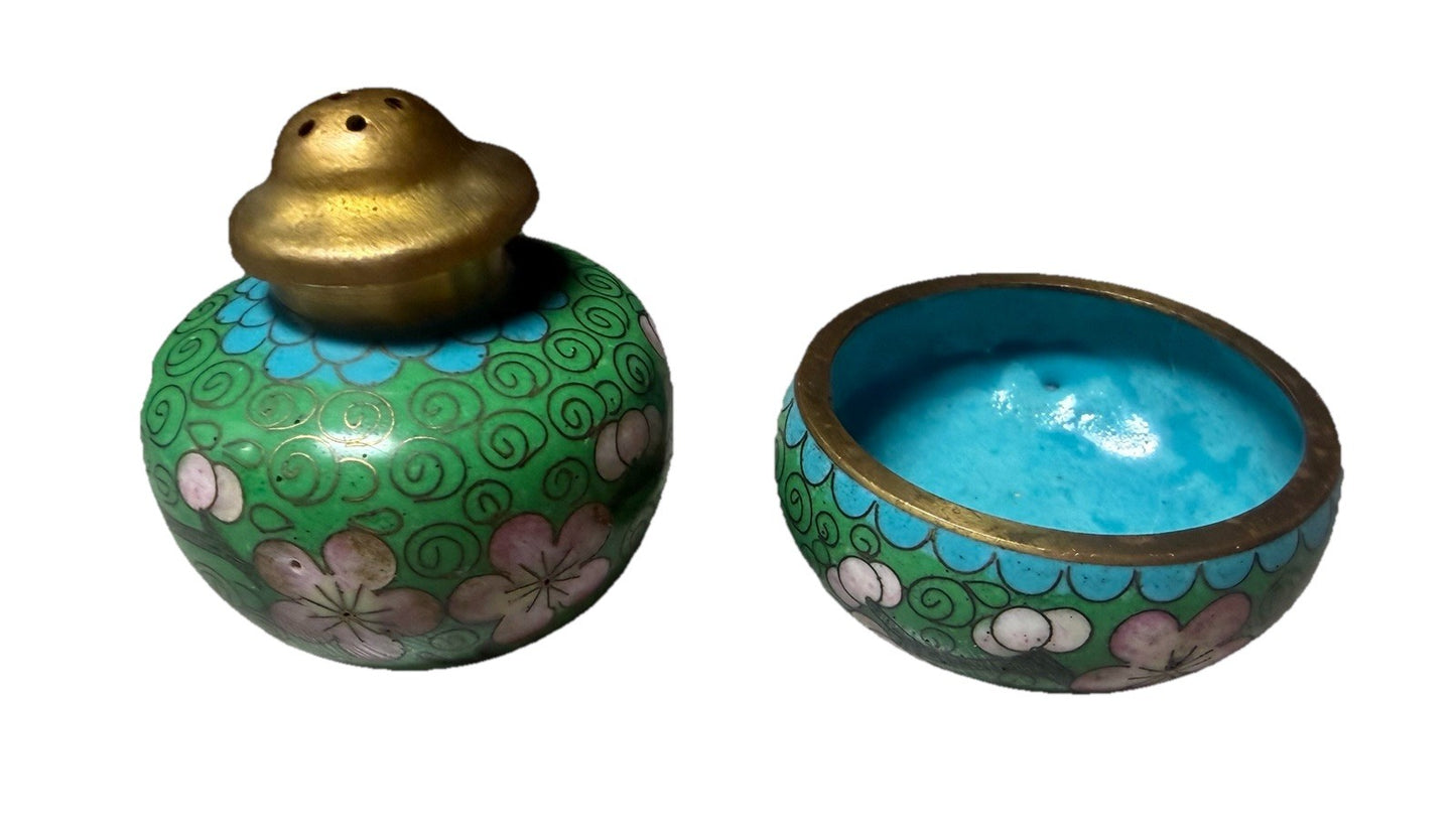 Vintage Cloisonne Salt Pepper Shakers Floral Enamel Green Pink Set