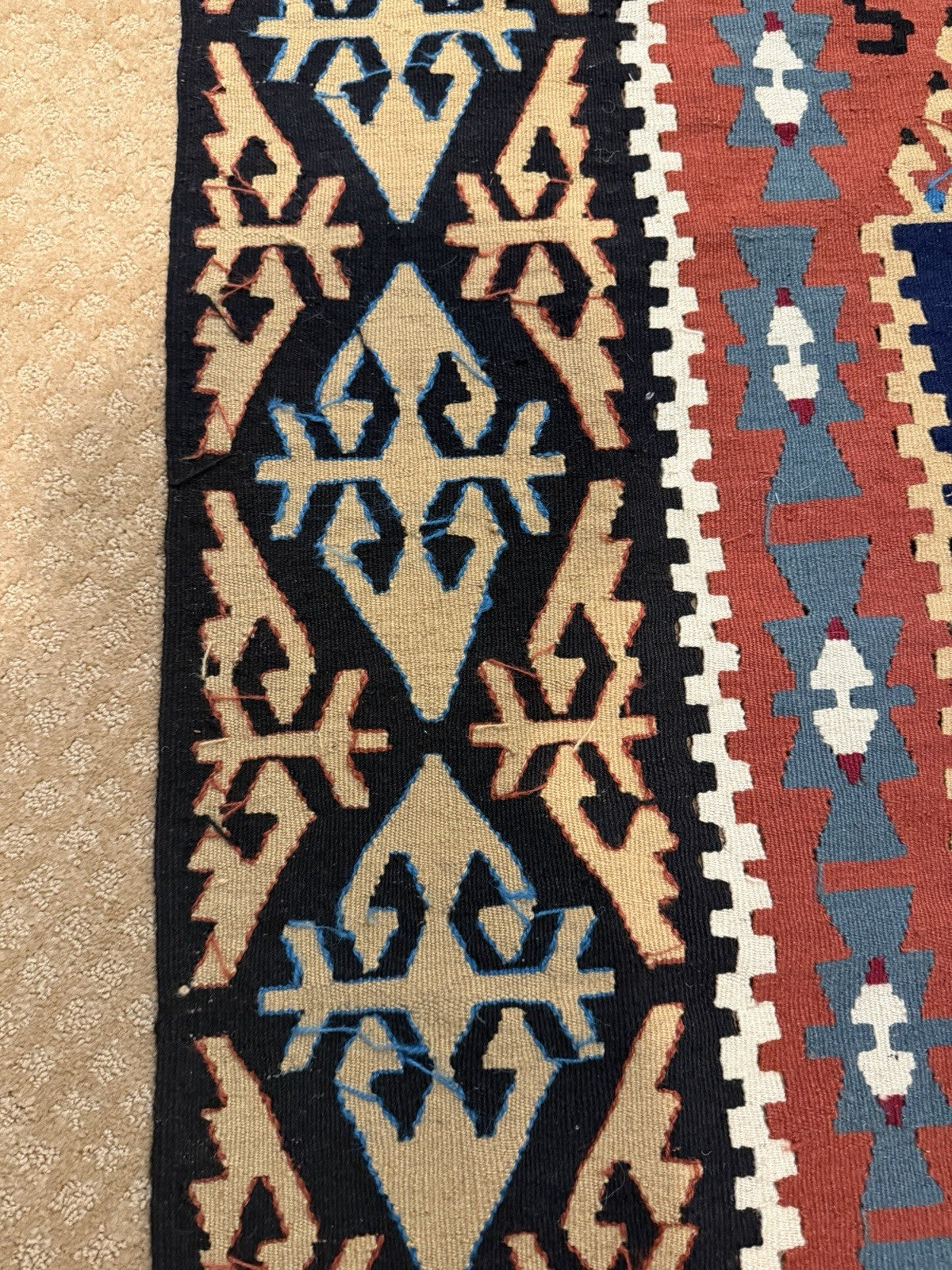 Vintage Turkish Kilim Flat Weave Rug Runner Geometric Tribal Wool Fringe Handmad