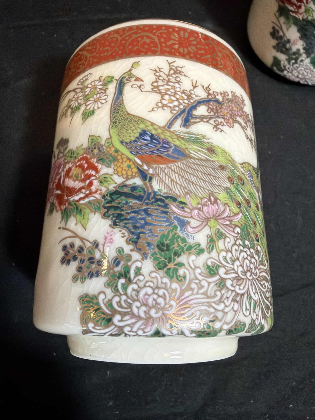 1979 Satsuma Japan Peacock Tea Set Gold Trim Rattan Handle Vintage
