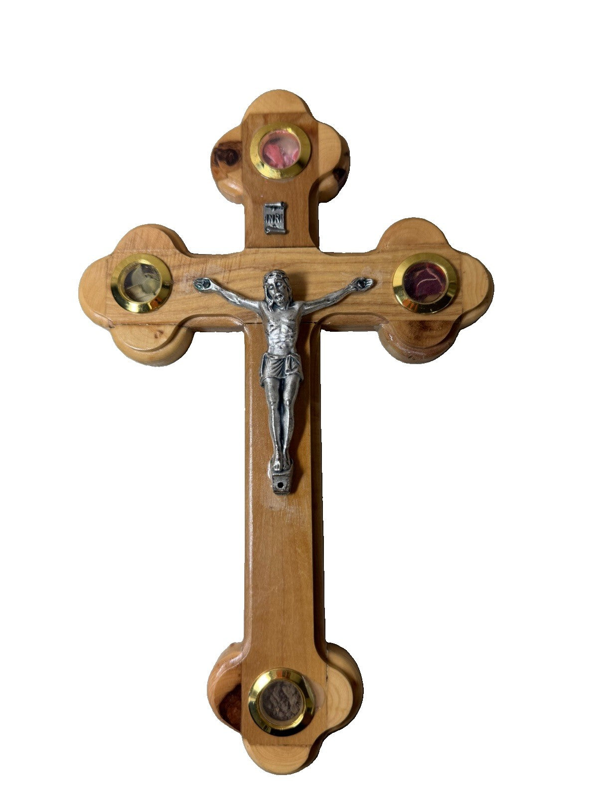 Vintage Olive Wood Crucifix Wall Cross Jerusalem Relic Stones Flowers Earth