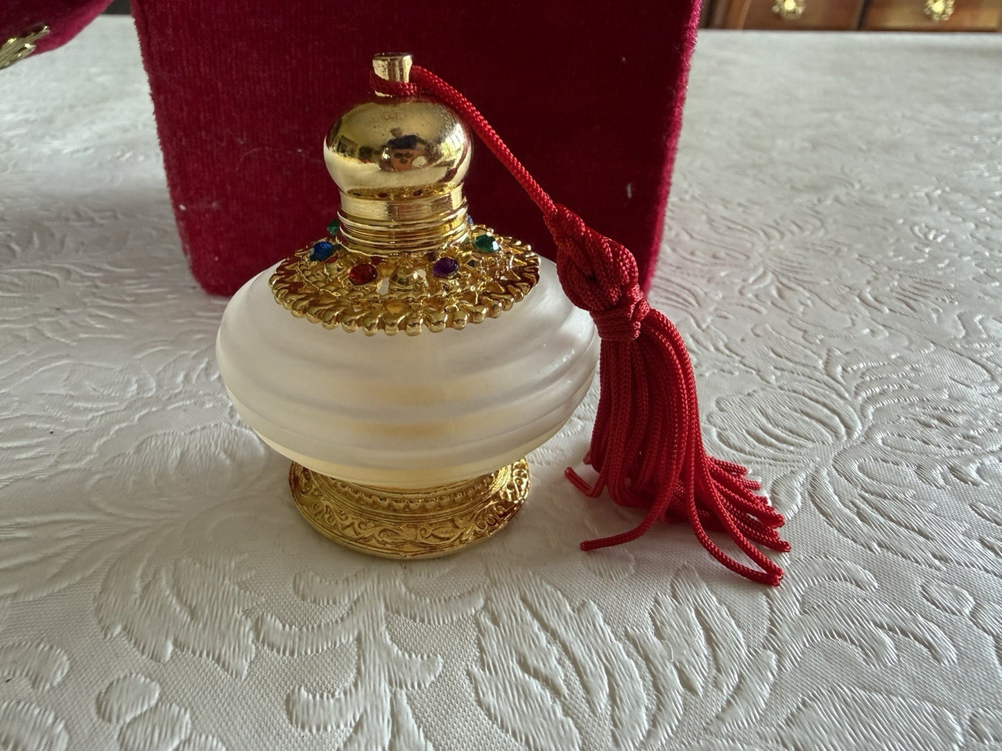Vintage Ahjar Ornate Perfume Bottle Gold Tone Red Gemstone Glass Pouch Vanity