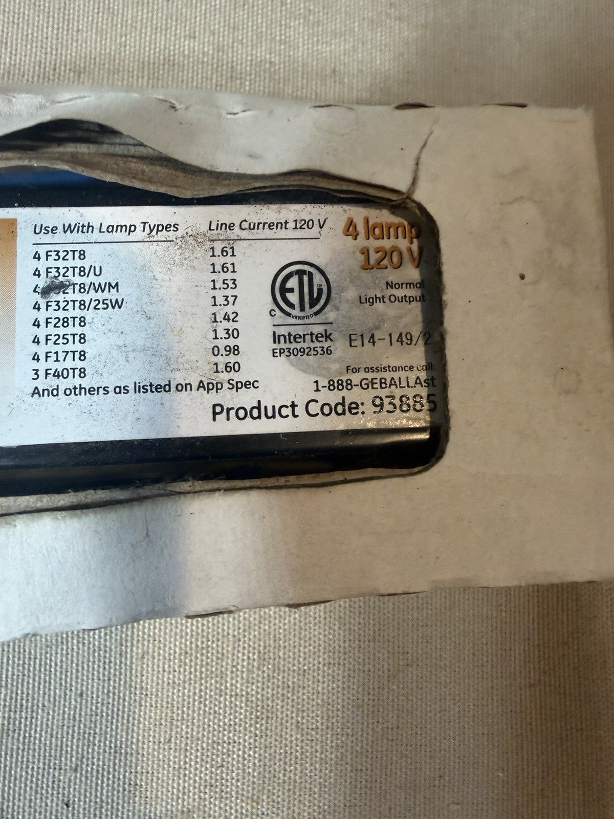 GE ProLine 93885 Electronic Ballast 4 Lamp 120V T8 Fluorescent Light NEW