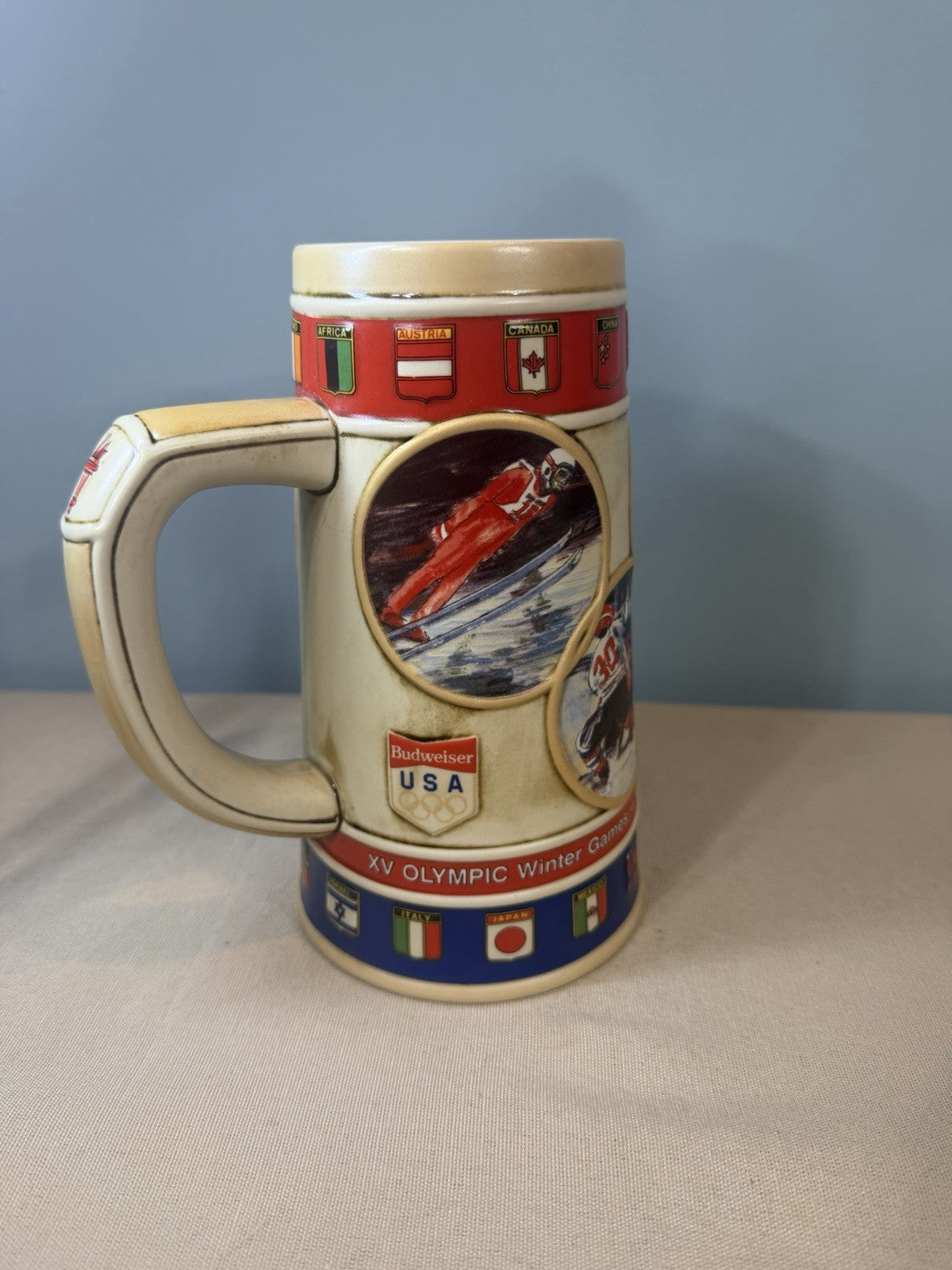 Vintage 1988 Budweiser Calgary XV Olympic Winter Games Beer Stein Ceramarte