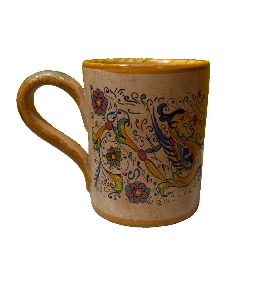Italian Majolica Raffaellesco Dragon Floral Mug Hand Painted Pottery Italy Cup