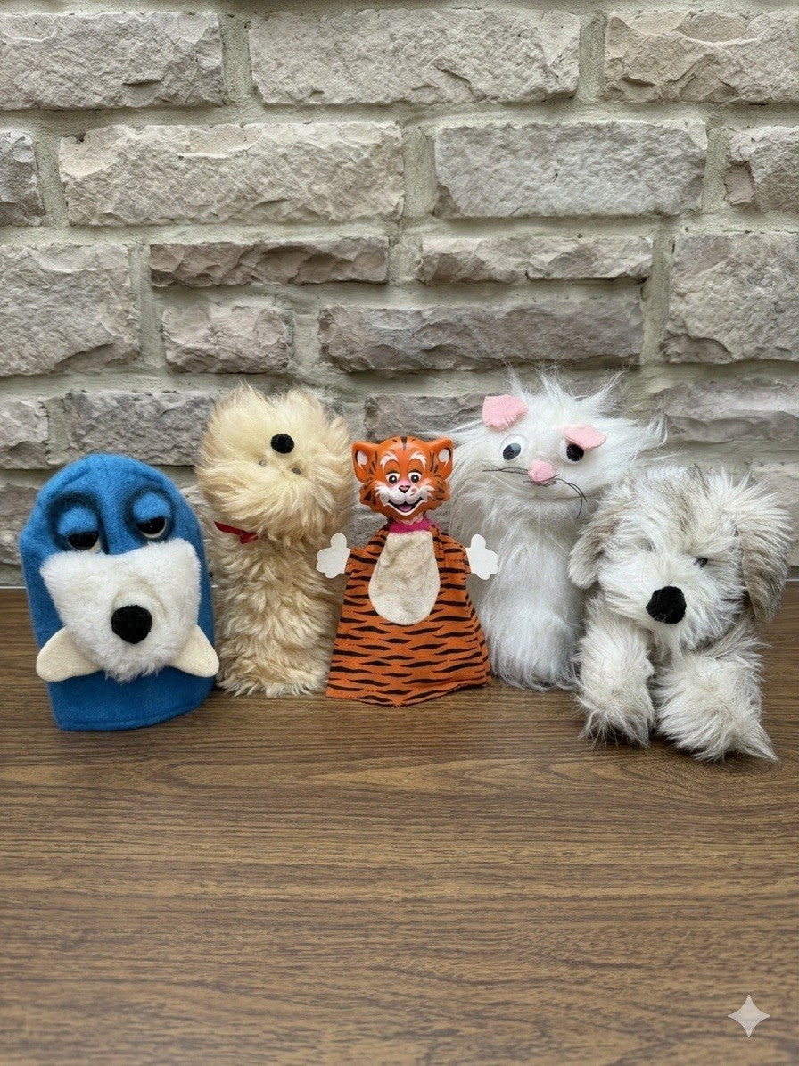 Vintage Animal Fair Puppet Plush Lot Walrus Tiger Shaggy Dog 5 Piece Set