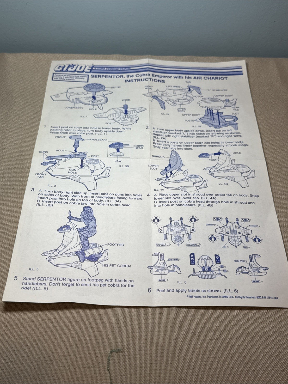 Vintage GI Joe ARAH Serpentor Air Chariot Vehicle Parts Instructions Hasbro Inco