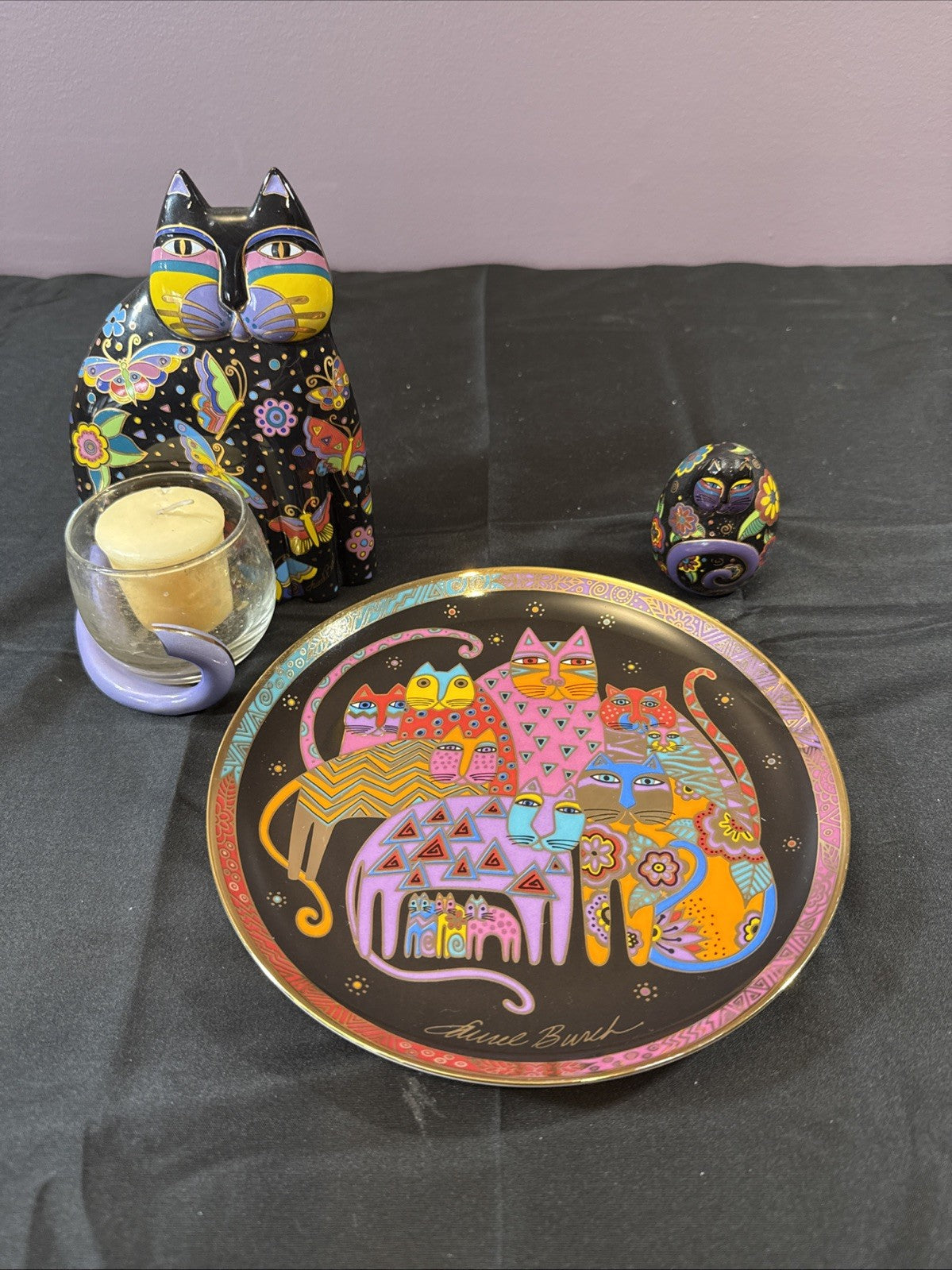 Vintage Laurel Burch Feline Plate Figurine Candle Holder Lot of 3 items