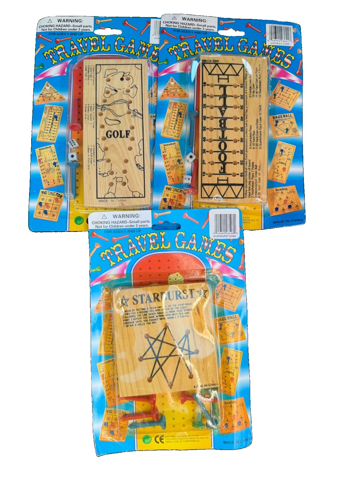 Vintage Wooden Travel Games Lot 3 Golf Football Star Burst Dice Board Pocket