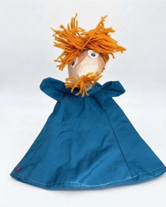 Vintage Handmade Cloth Hand Puppet Googly Eyes Orange Yarn Hair Blue Dress Doll