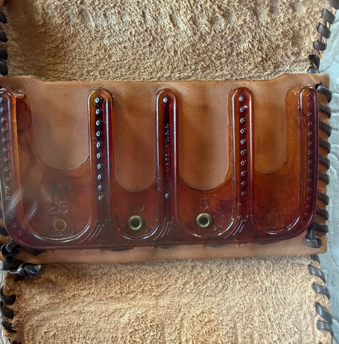 Vintage Hand Tooled Leather Key Case Wallet 6 Hook Amber Plastic Made USA