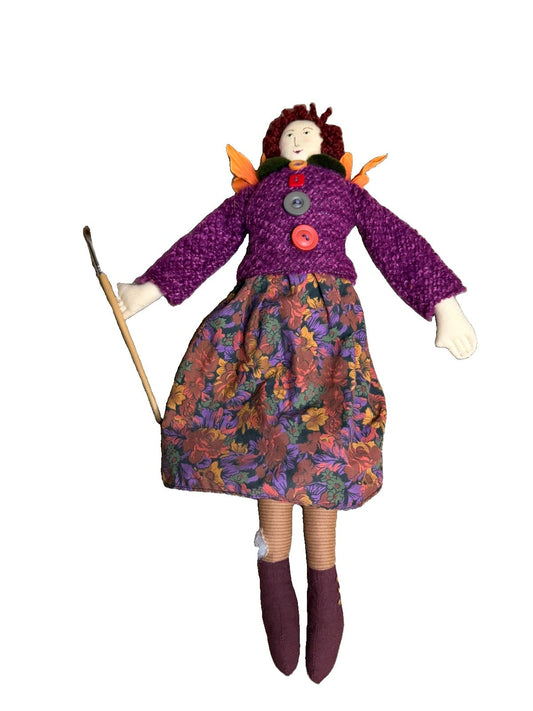 Vintage Hallmark Artist Fairies Cloth Doll Plush Paintbrush Purple Sweater Toy